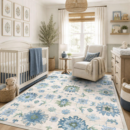 Washable Area Rug, Delft Blue Vintage Floral