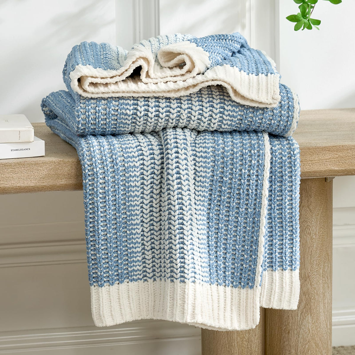 Checkered Knit Throw Blanket, Blue, 50 x 60 Inch