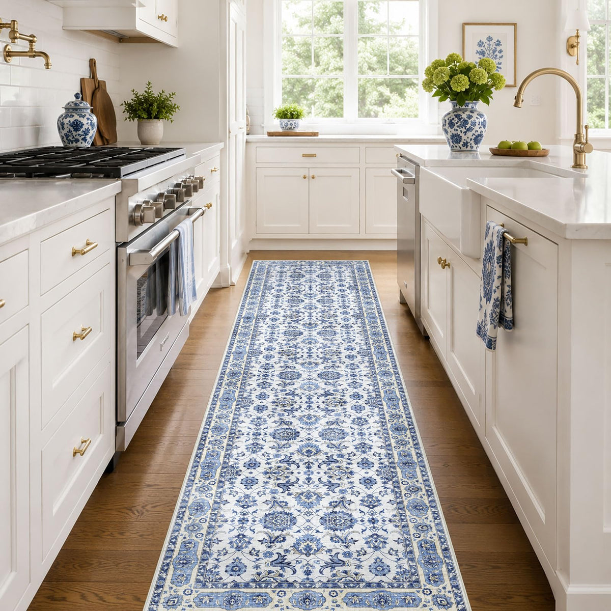 Washable Area Rug, Delft Blue Vintage Floral