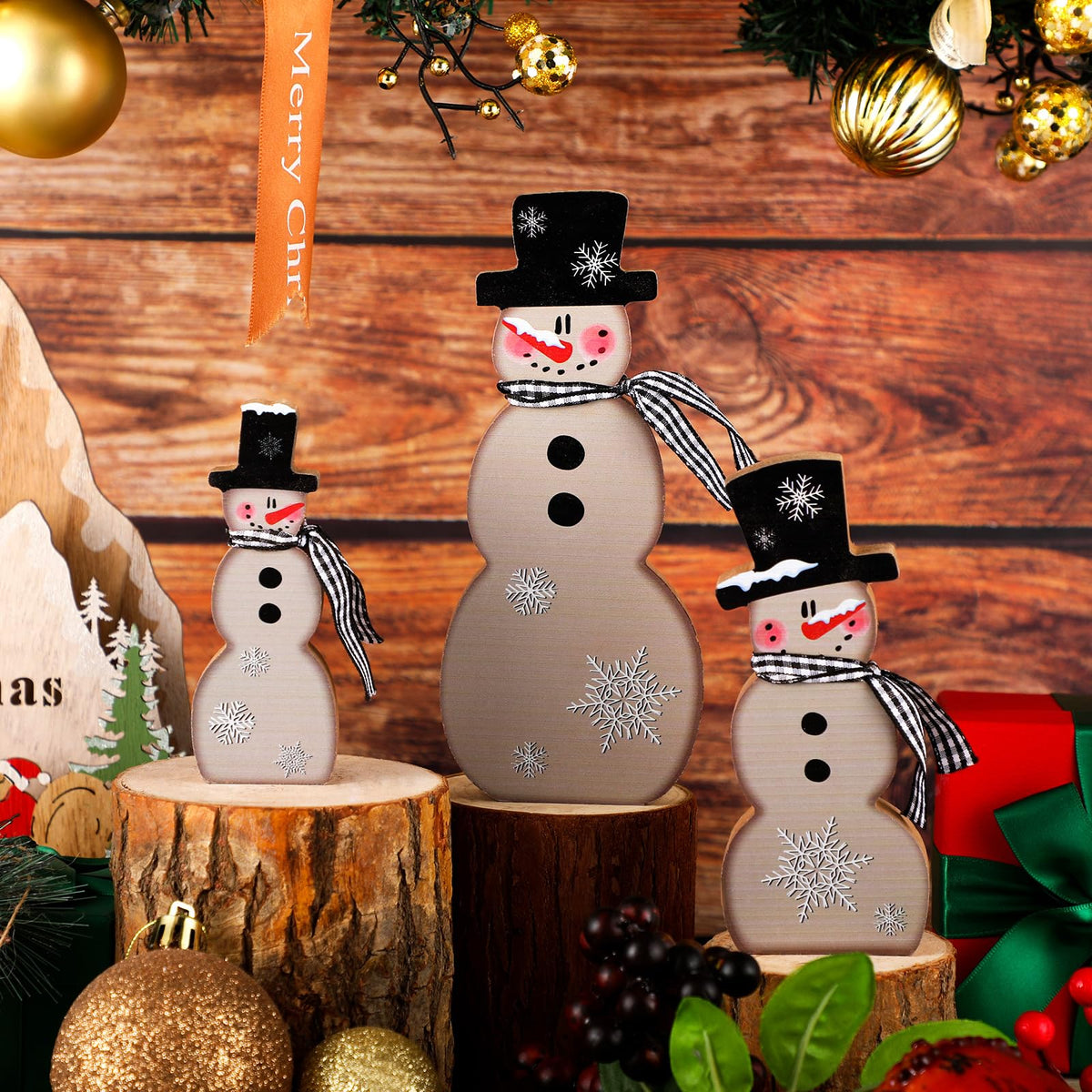 Chinoiserie Wooden Snowmen, Set of 3