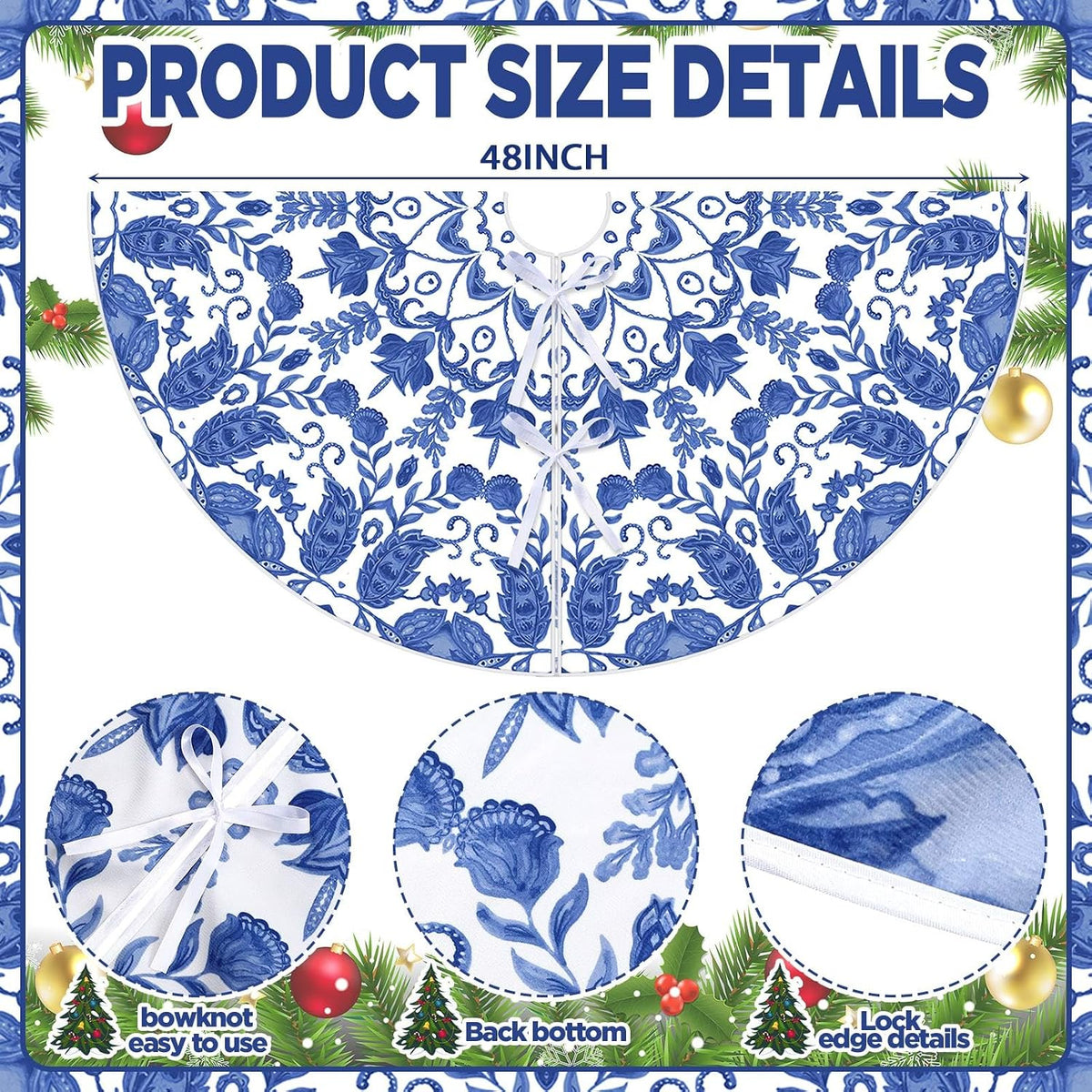 Blue and White Floral Velvet Tree Skirt, 48 Inch