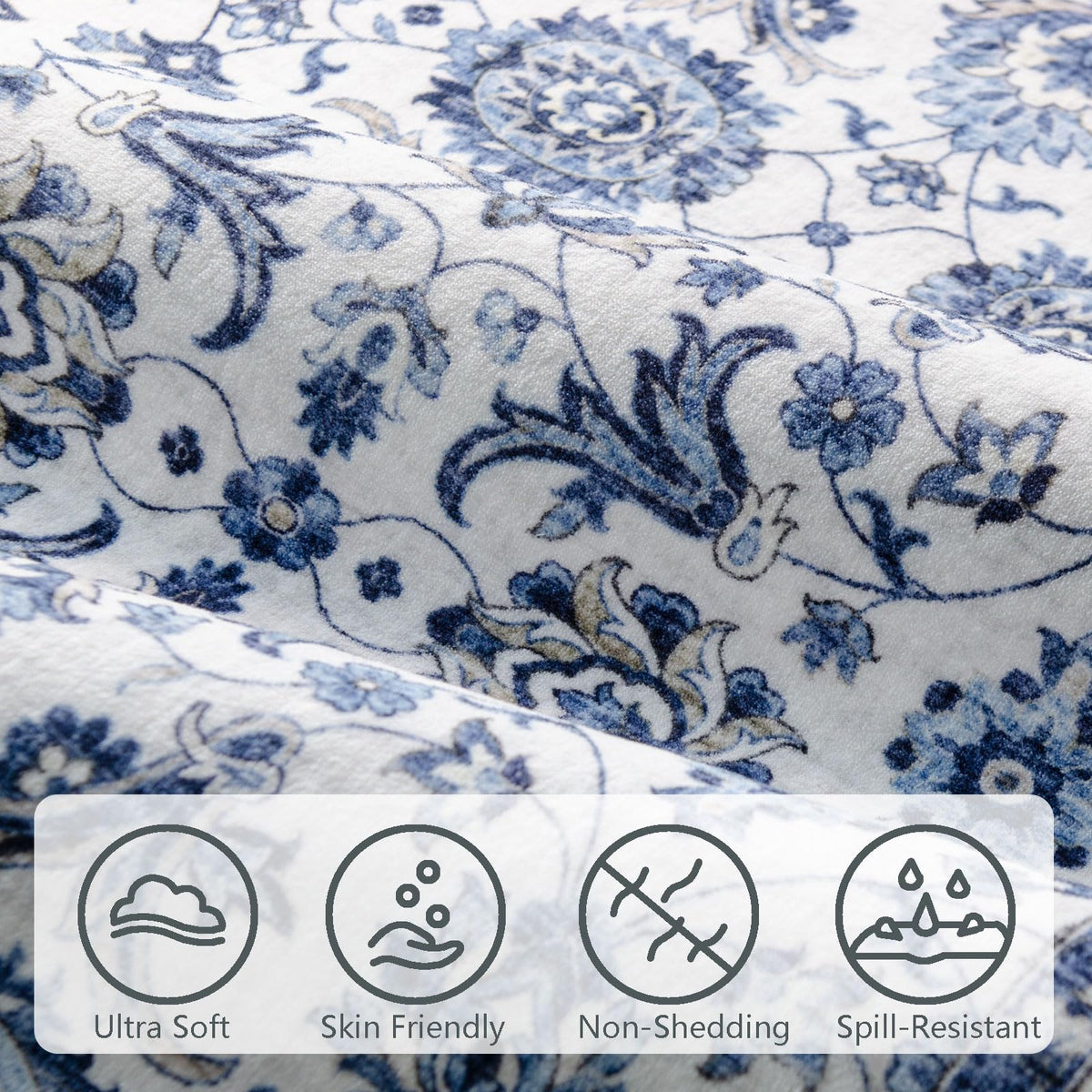 Washable Area Rug, Delft Blue Vintage Floral