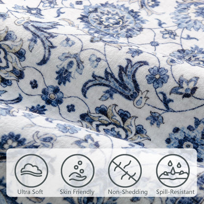 Washable Area Rug, Delft Blue Vintage Floral