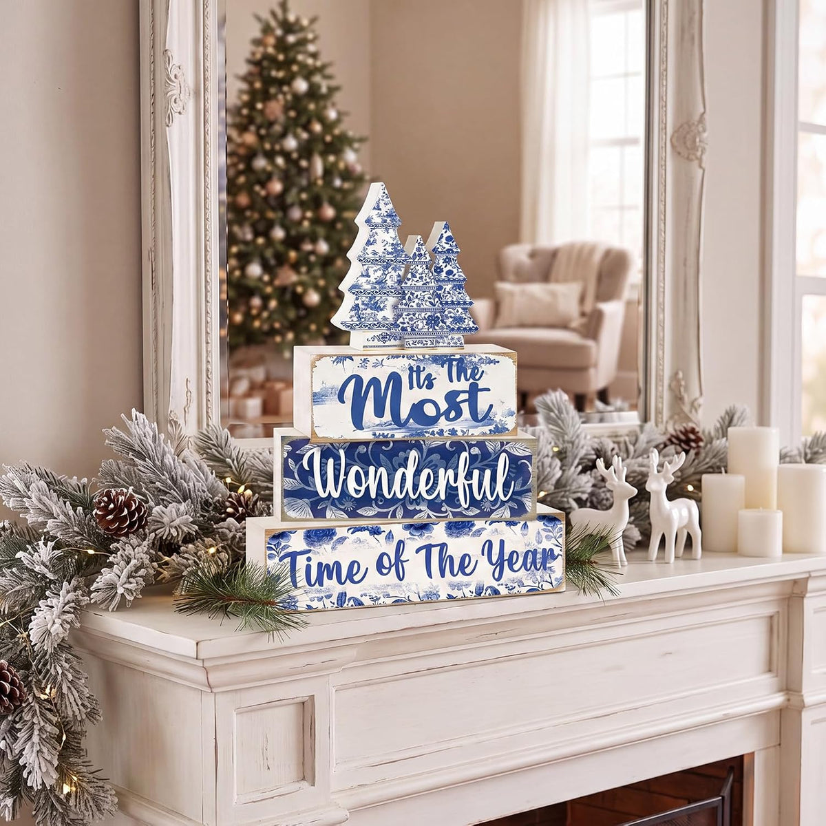 Blue and White Christmas Wood Block Signs, Set of 4