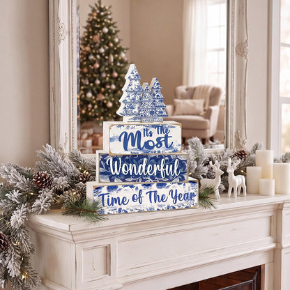 Blue and White Christmas Wood Block Signs, Set of 4