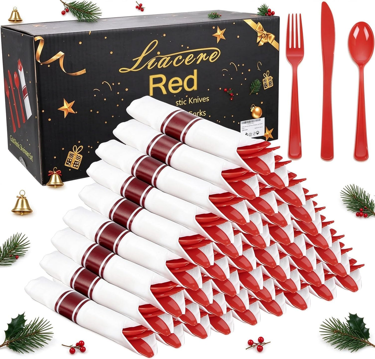 Pre-Rolled Blue Plastic Cutlery with Napkins, 100 Pack
