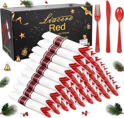 Pre-Rolled Blue Plastic Cutlery with Napkins, 100 Pack
