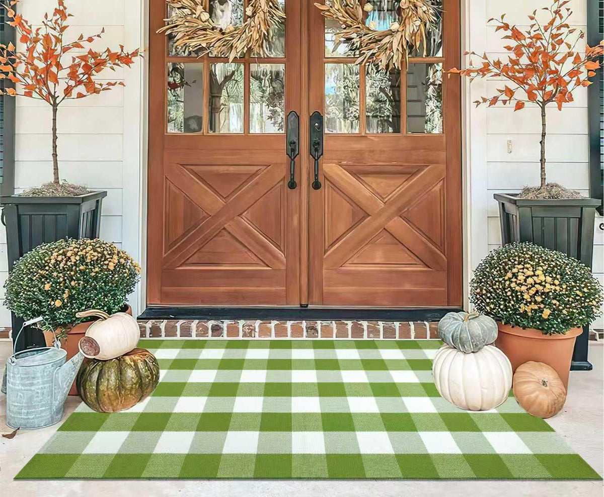 Light Blue Buffalo Plaid Cotton Door Mat, 24x35