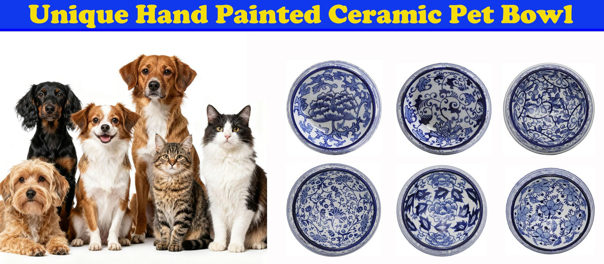 Hand-Painted Blue and White Ceramic Pet Bowl