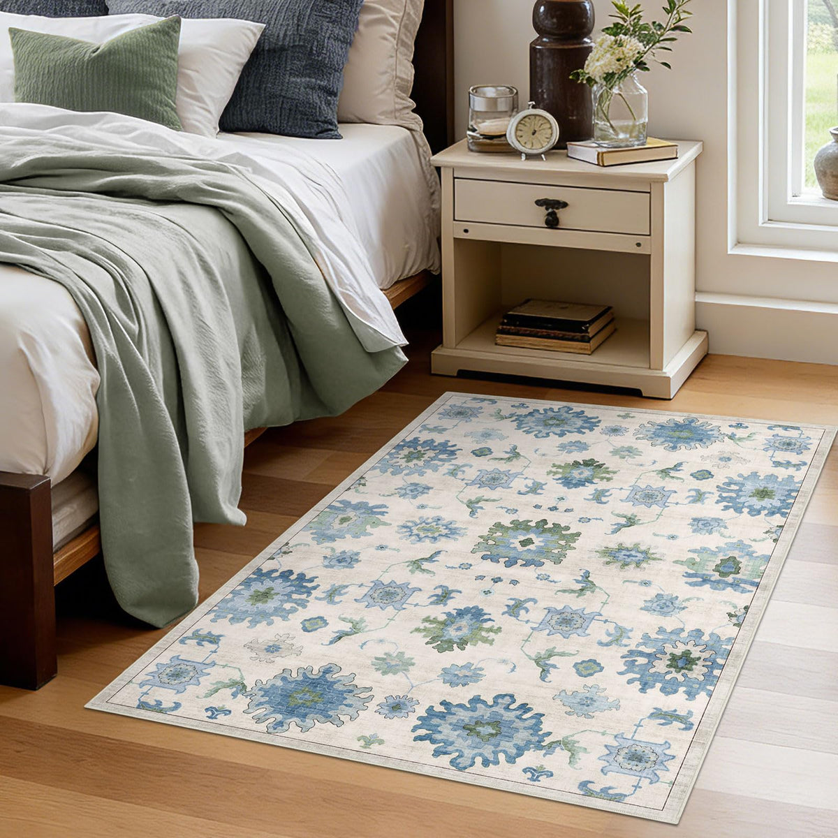 Washable Area Rug, Delft Blue Vintage Floral