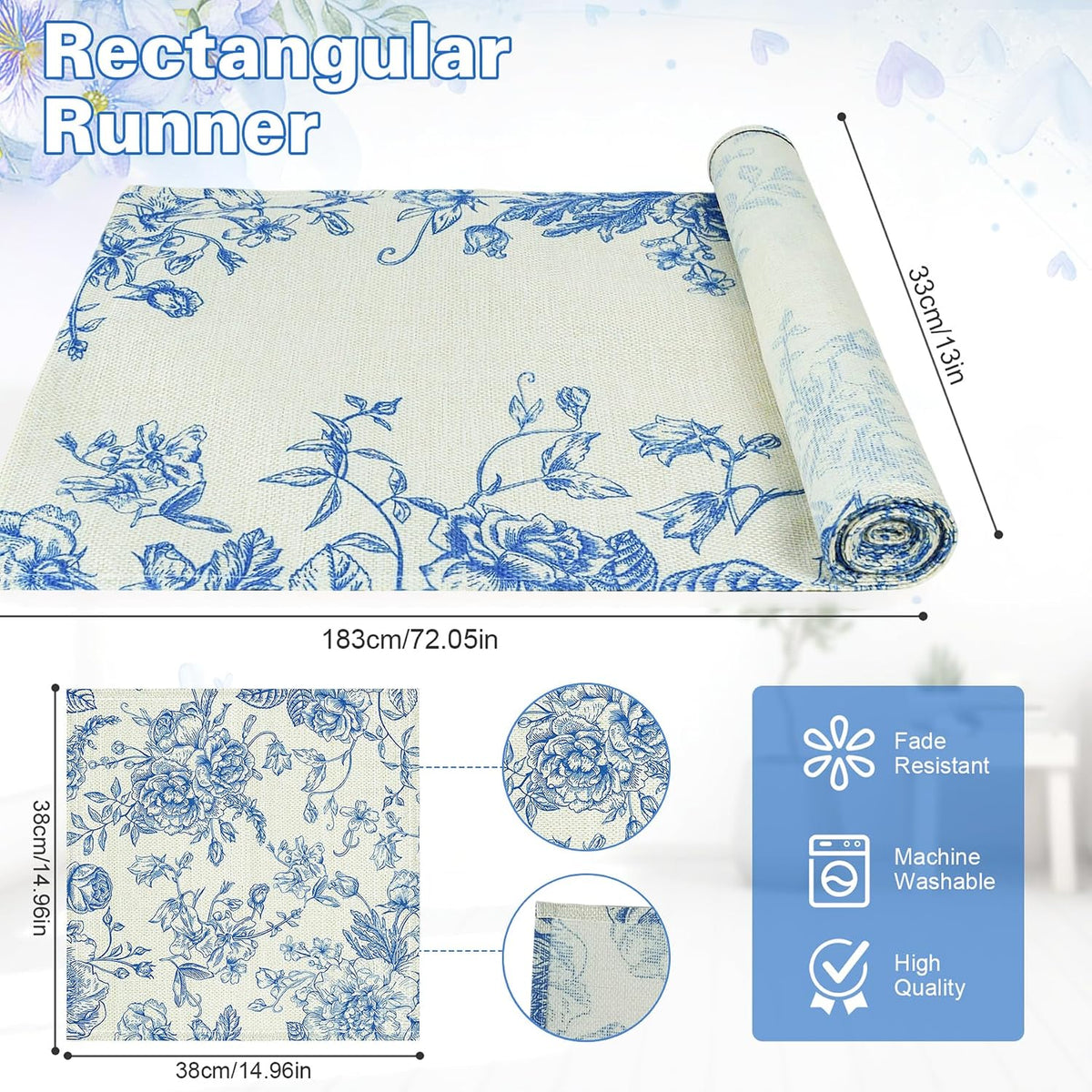 Blue and White Chinoiserie Table Runner and 8 Napkins