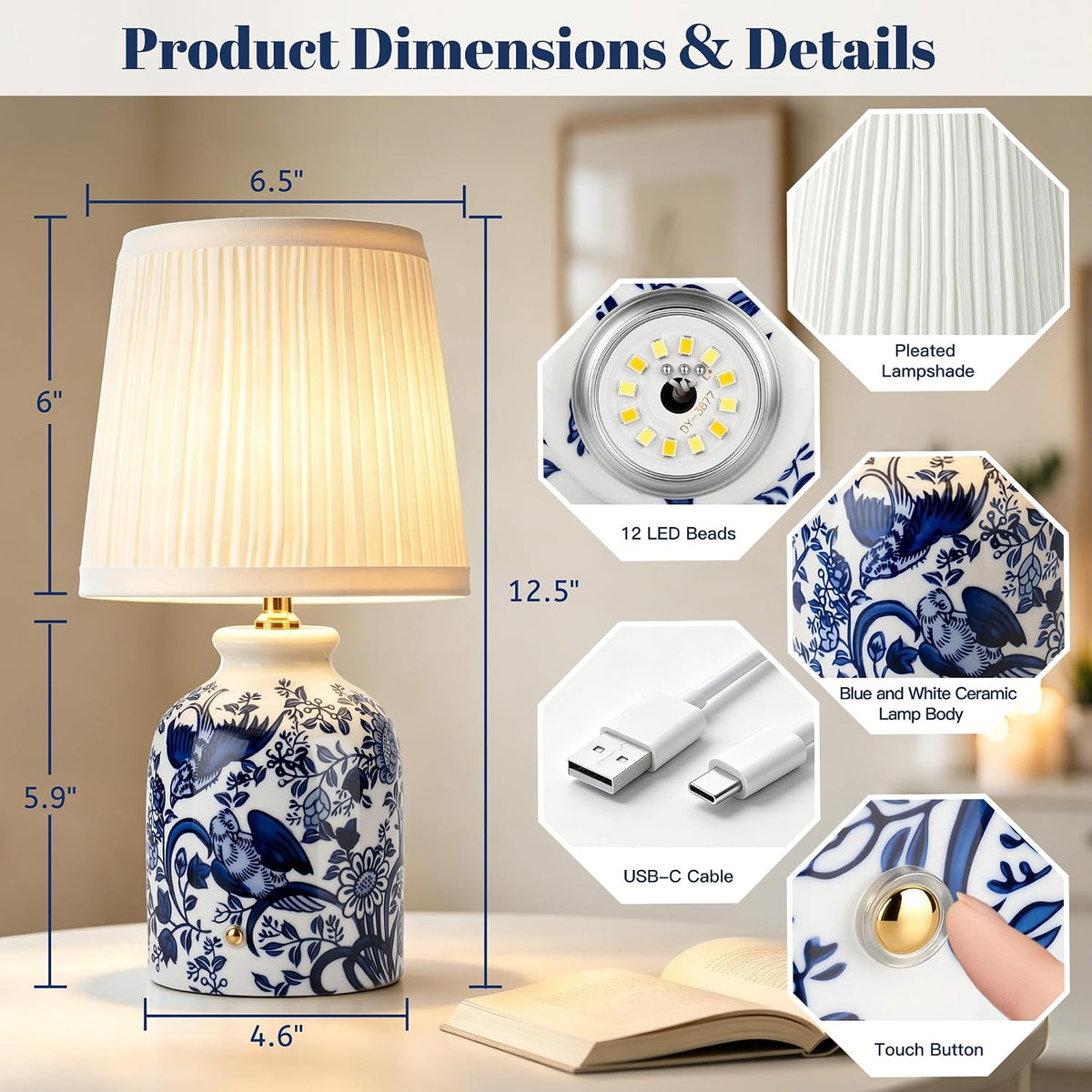 Blue and White Ceramic Cordless Lamps, Set of 2