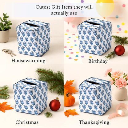 Block Print Cotton Tissue Box Cover, Apatite Blue