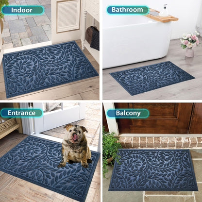 Blue Leaf Front Door Mat, Non-Slip Rubber