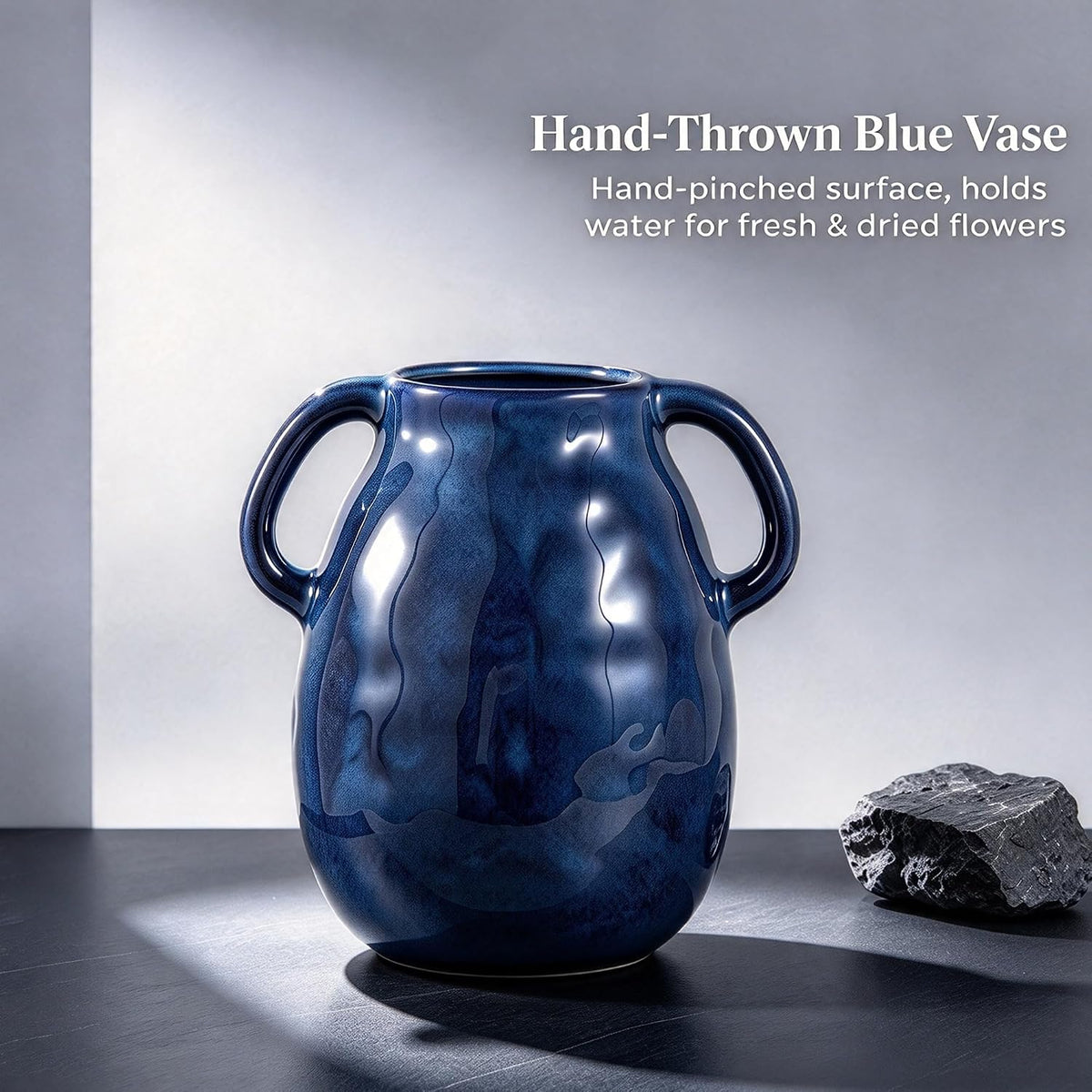 Blue Ceramic Vase with Two Handles