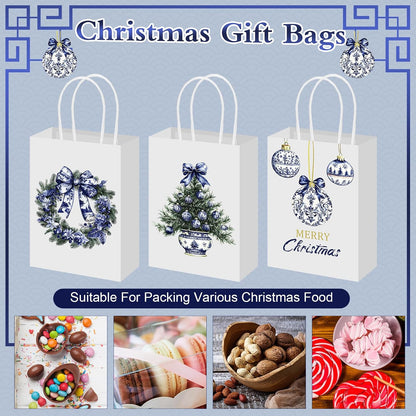 Blue Chinoiserie Floral Christmas Gift Bags, Set of 12