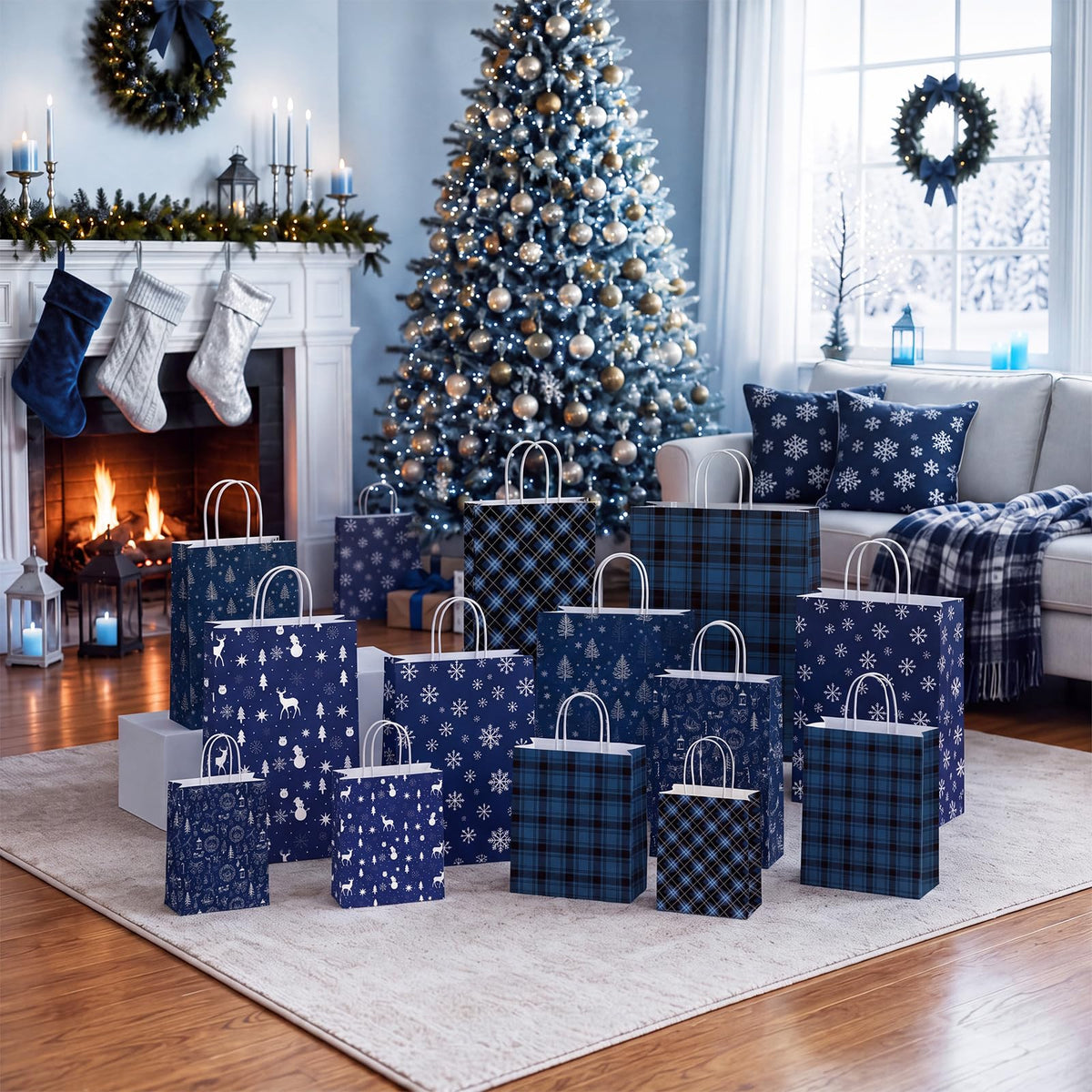 Blue Toile Christmas Kraft Gift Bags, Set of 18