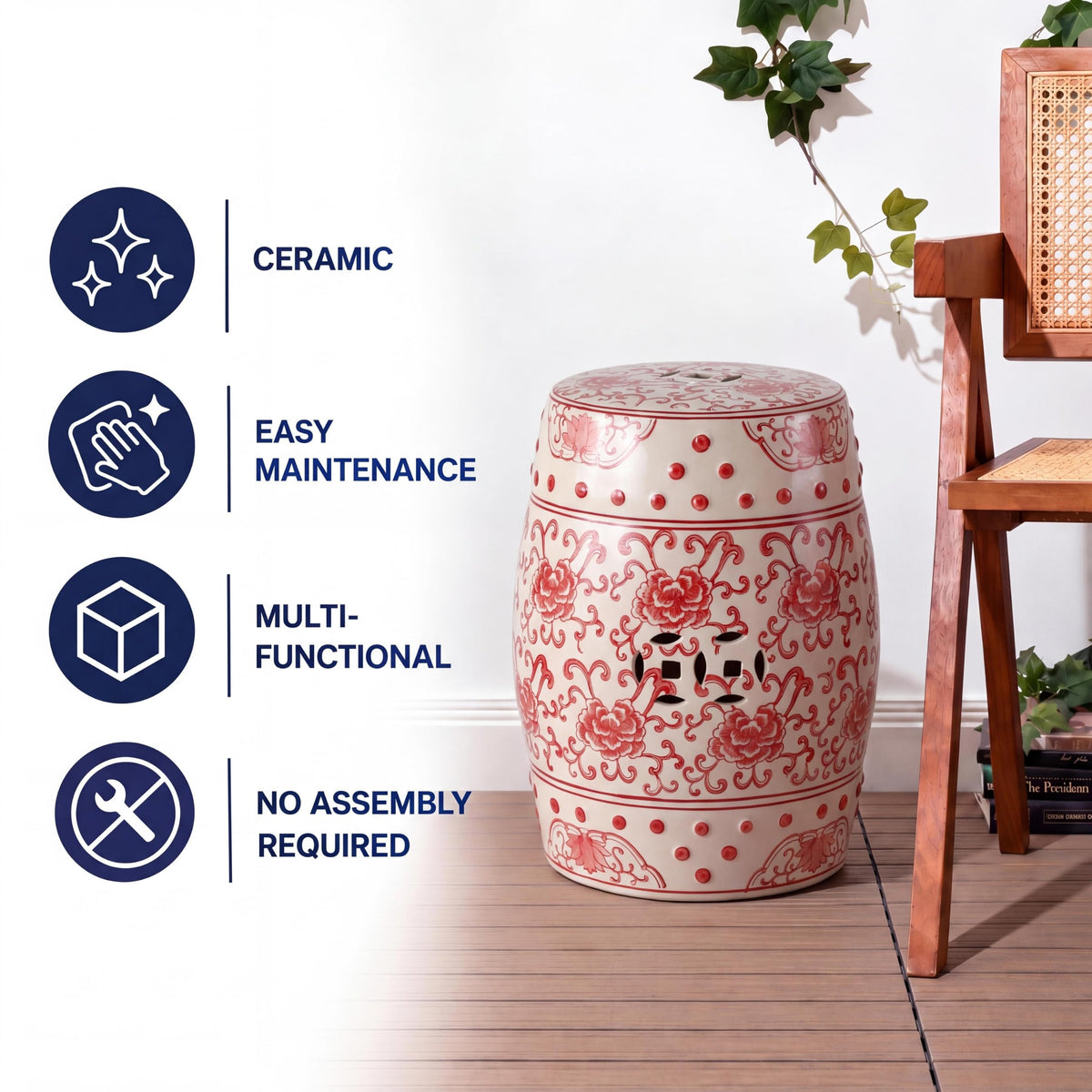 Jonathan Y Lotus Chinoiserie Garden Stool, 17.75"