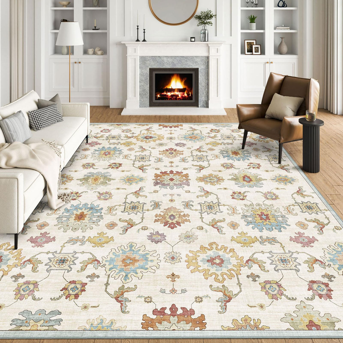 Washable Area Rug, Delft Blue Vintage Floral