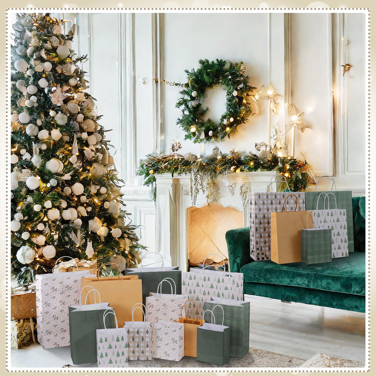 Blue Toile Christmas Kraft Gift Bags, Set of 18