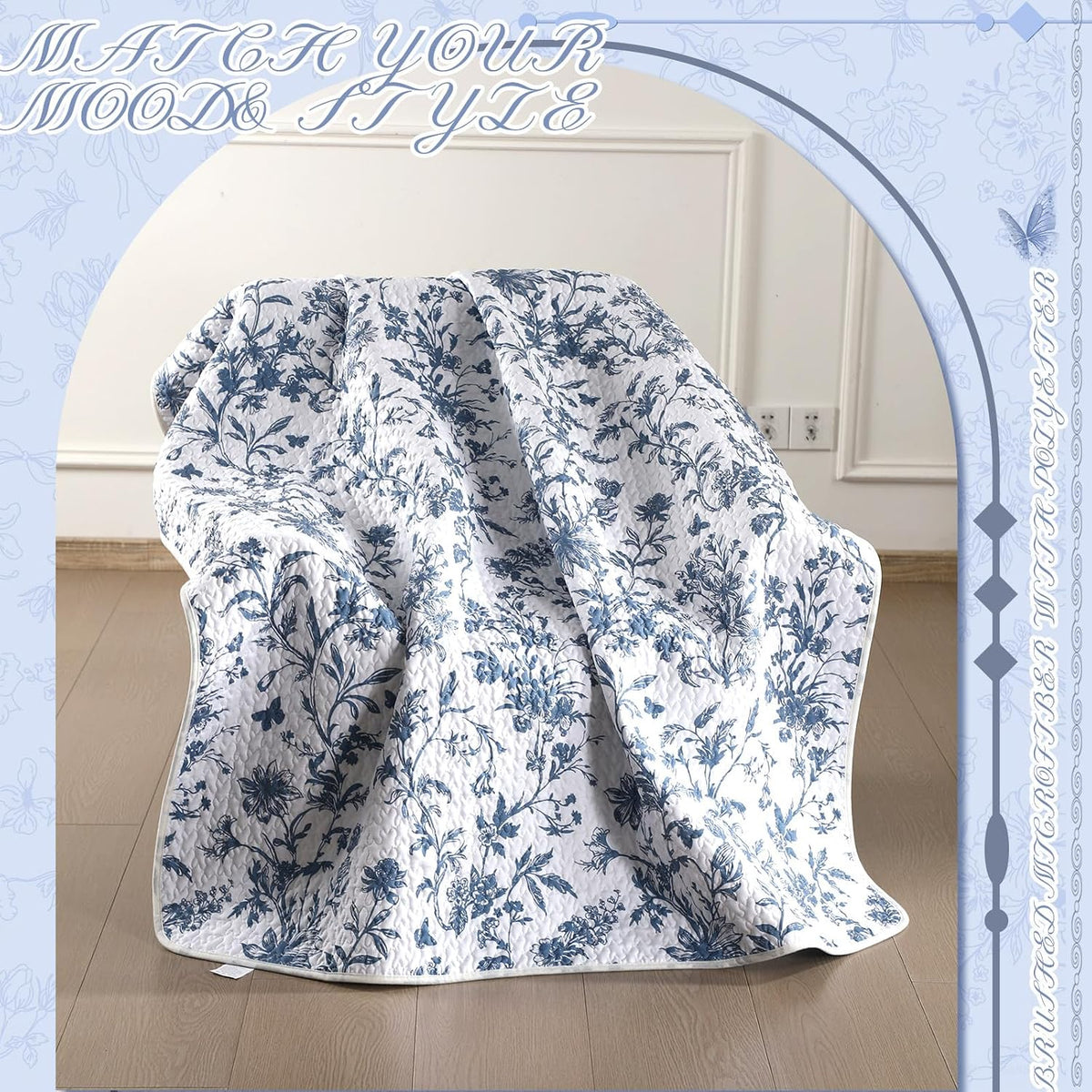 Blue Floral Quilted Throw Blanket, 50 x 60 Inch