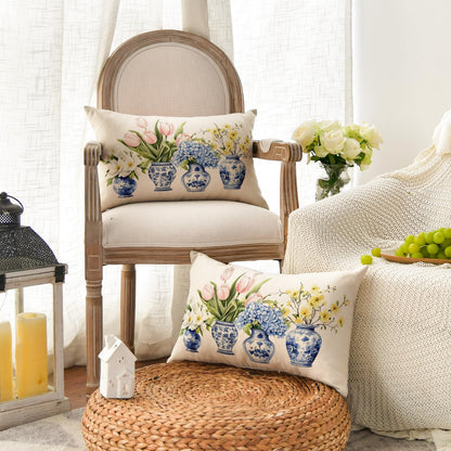 Chinoiserie Vase Lumbar Pillow Cover, 12 x 20 Inch