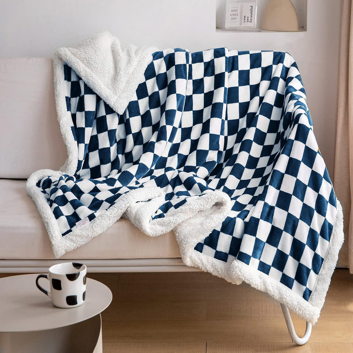 Navy Checkered Sherpa Throw Blanket