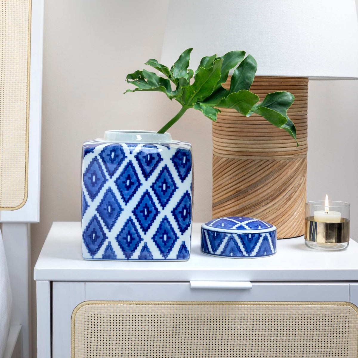 Square Ceramic Ginger Jar with Lid, Blue and White