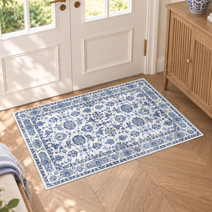 Washable Area Rug, Delft Blue Vintage Floral