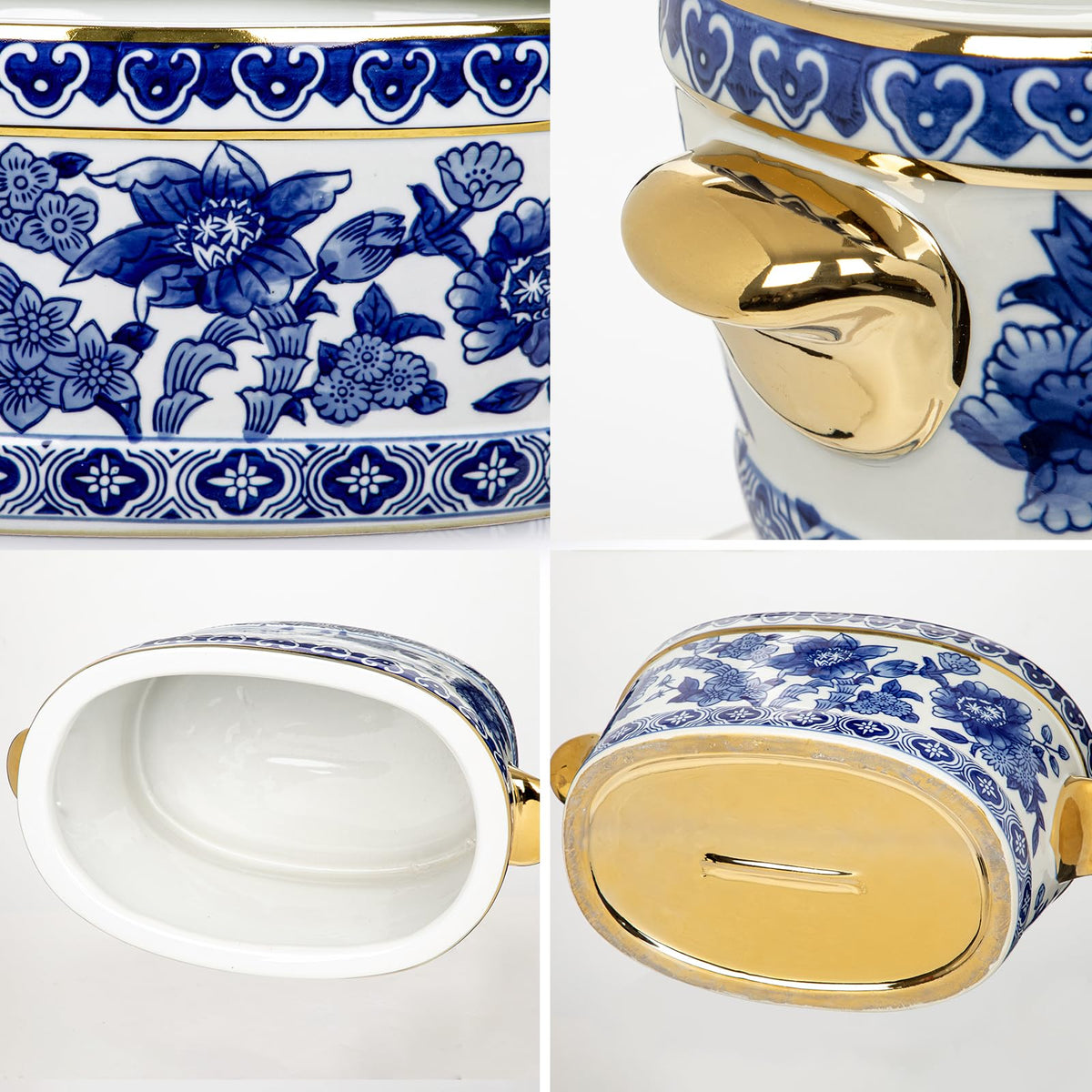 Blue Floral Oval Ceramic Cachepot, 10.6 in