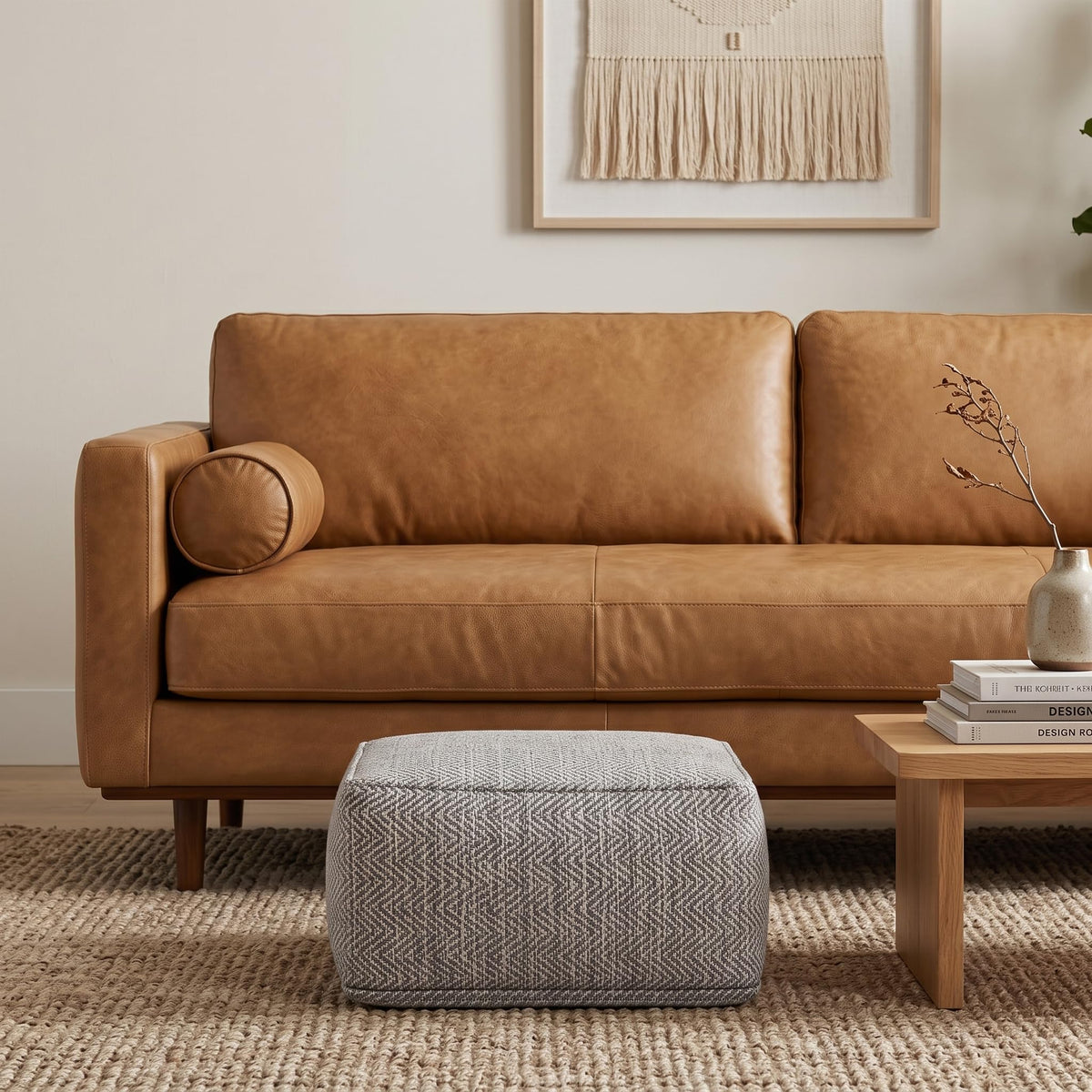 Simpli Home Cowan Blue Wool Square Pouf