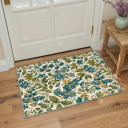 Bavni Dusty Blue Floral Washable Rug