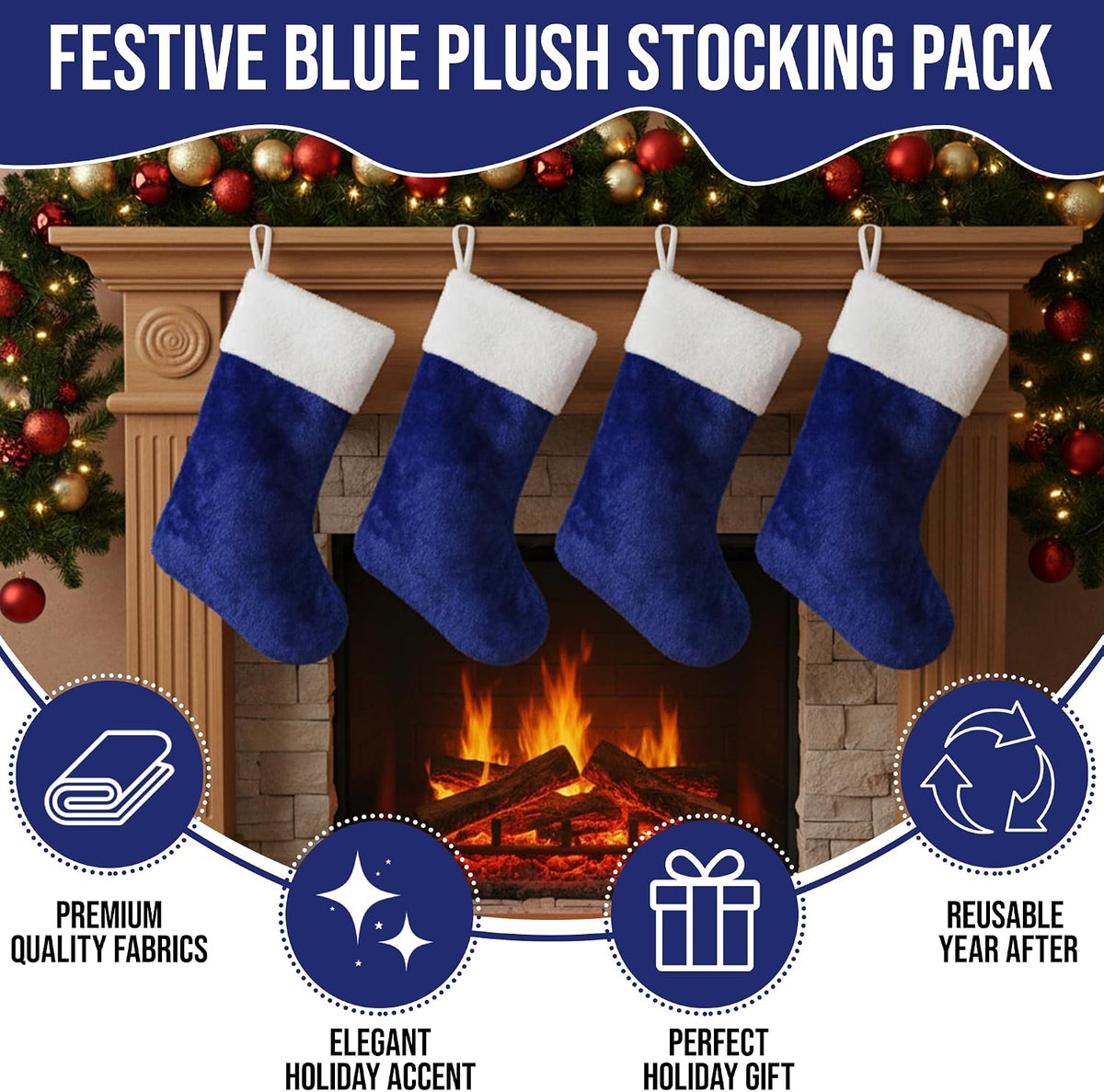 Blue Plush Christmas Stockings, Set of 4