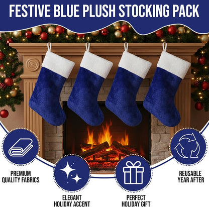 Blue Plush Christmas Stockings, Set of 4