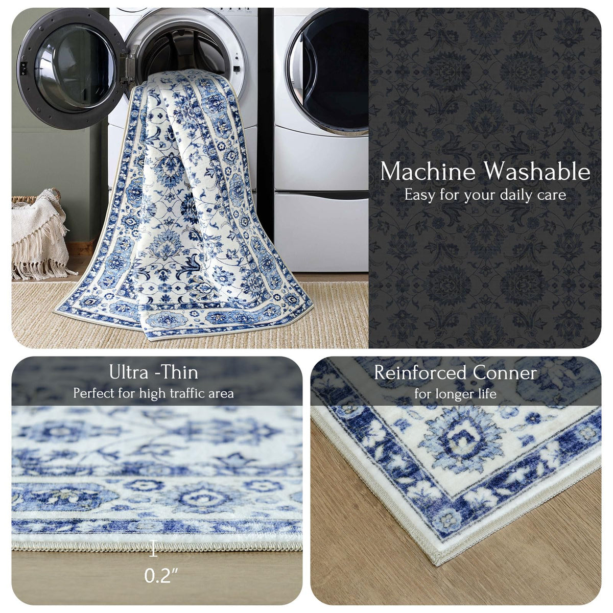 Washable Area Rug, Delft Blue Vintage Floral