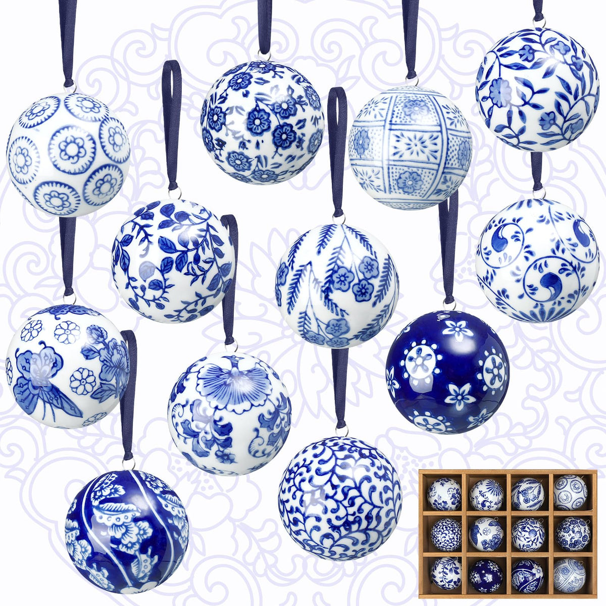 Blue and White Porcelain Christmas Balls, Set of 6 or 12