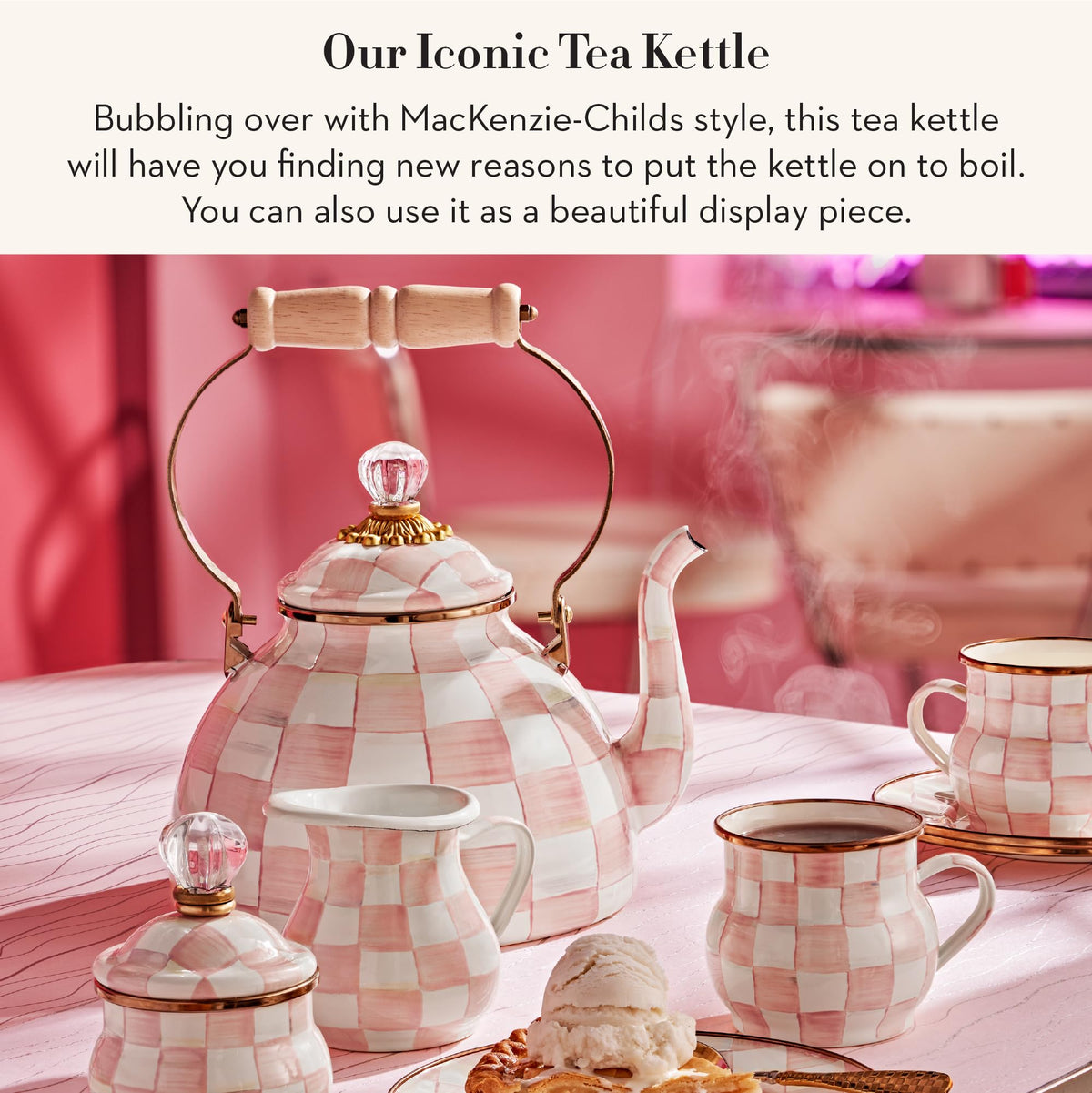 MacKenzie-Childs Enamel Tea Kettle, Royal Check