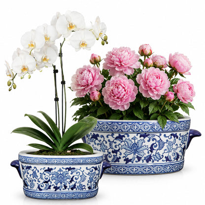 Blue Floral Oval Ceramic Cachepot, 10.6 in