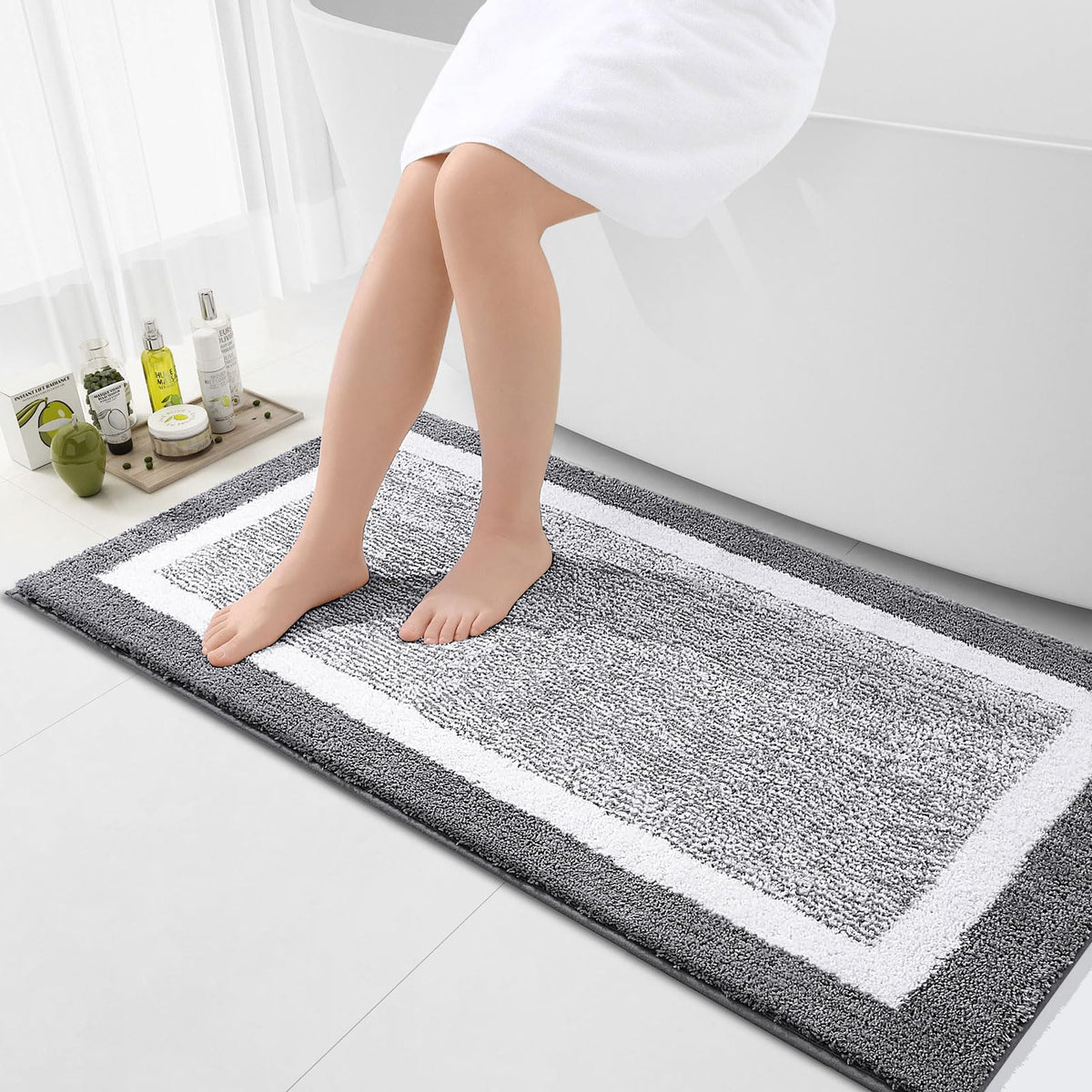 Navy and White Microfiber Bath Rug, 36 x 24