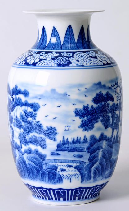 Blue and White Chinoiserie Vase, 8 or 9 Inch