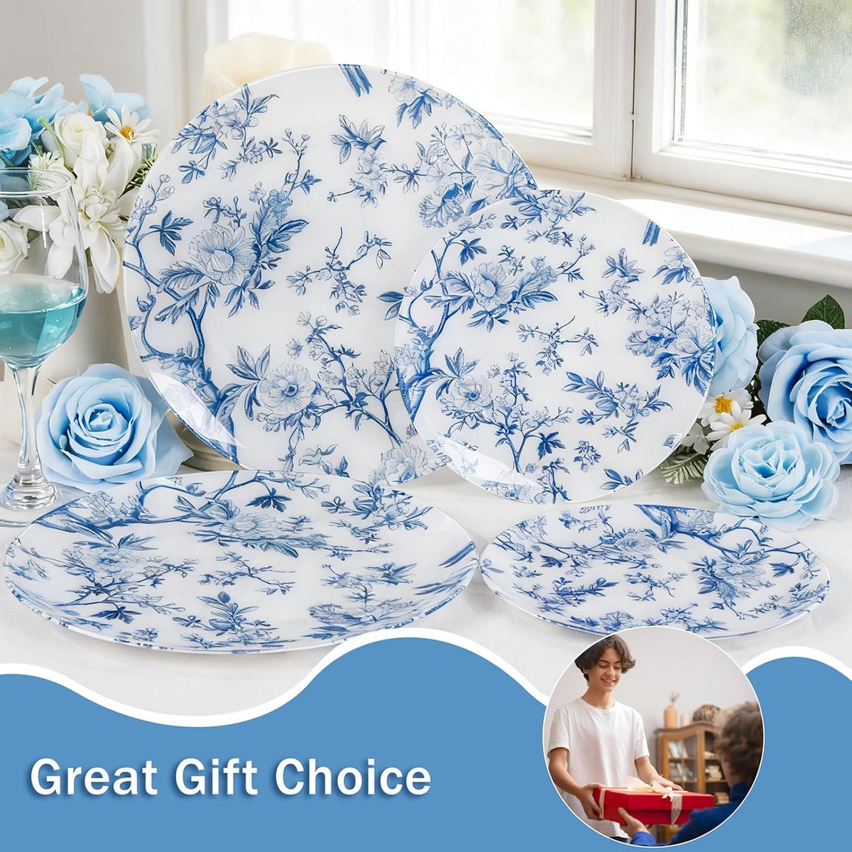 Blue Floral Plastic Plates, 60 Pieces