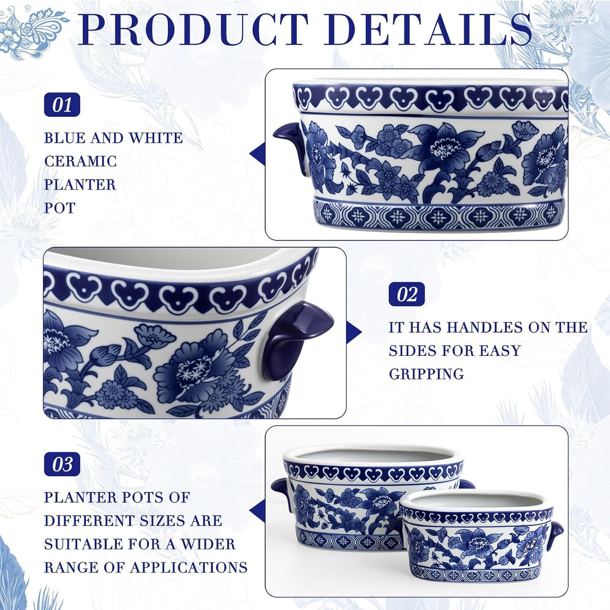 Blue and White Oval Chinoiserie Planters, Set of 2