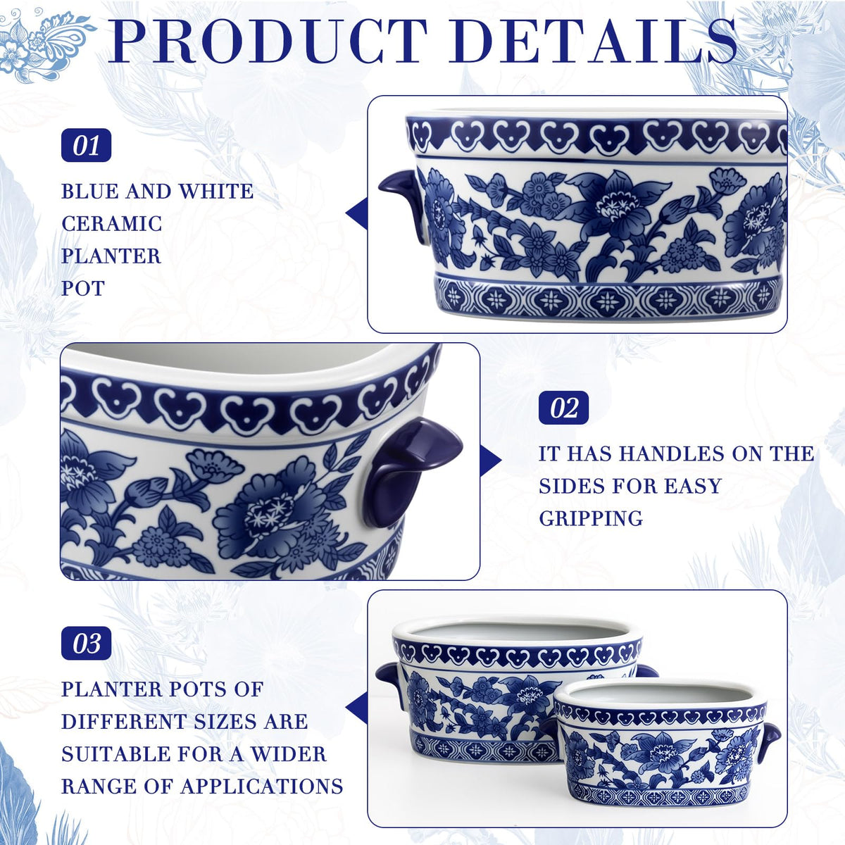 Blue and White Oval Chinoiserie Planters, Set of 2