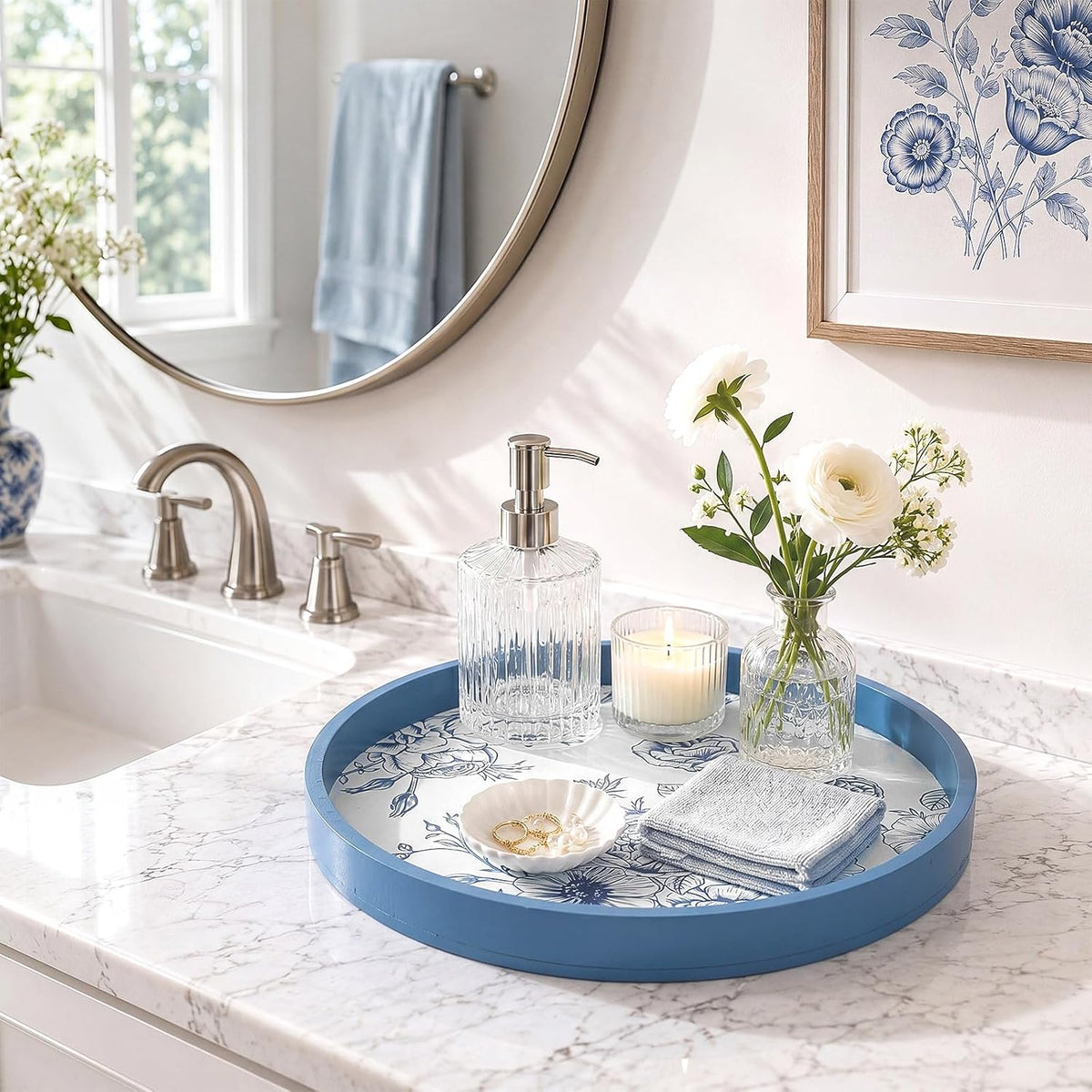 Blue Chinoiserie Round Wooden Tray, 11.8 Inch