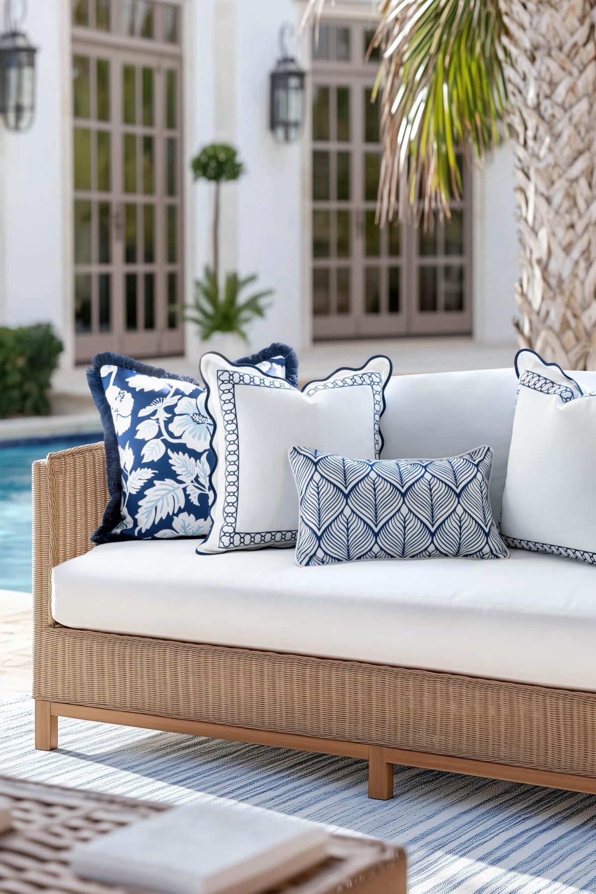 Navy Greek Key Outdoor Lumbar Pillow Cover, 12x20
