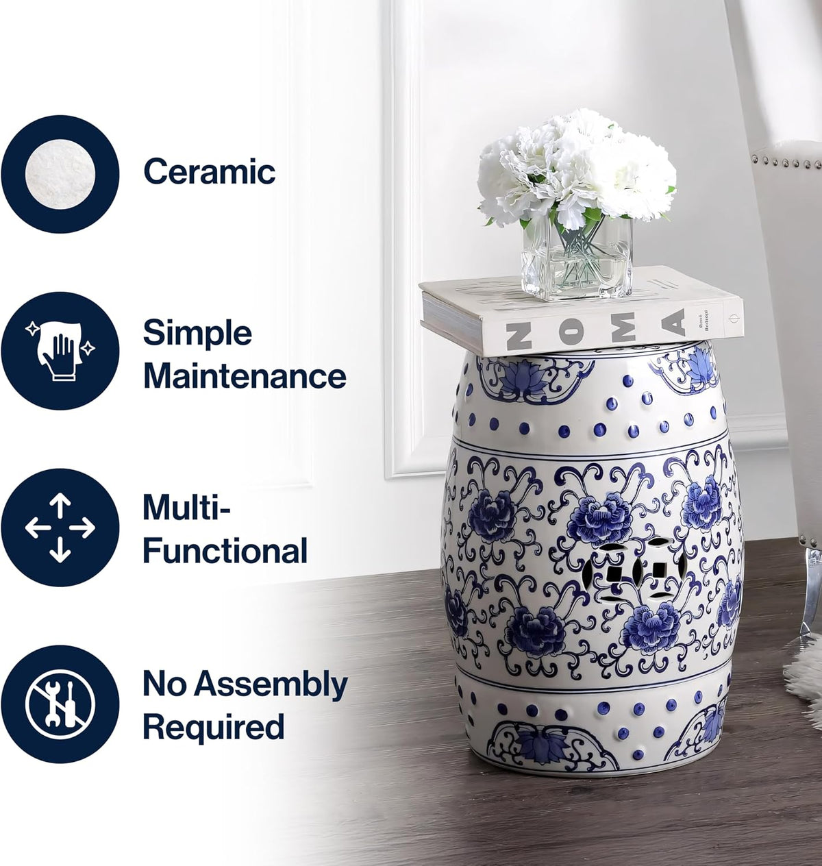 Jonathan Y Lotus Chinoiserie Garden Stool, 17.75"