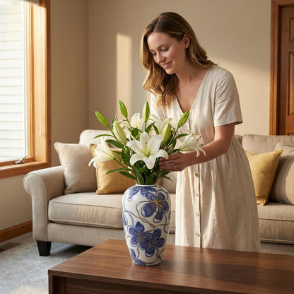 Hand-Painted Blue and White Vase with Gold Accents