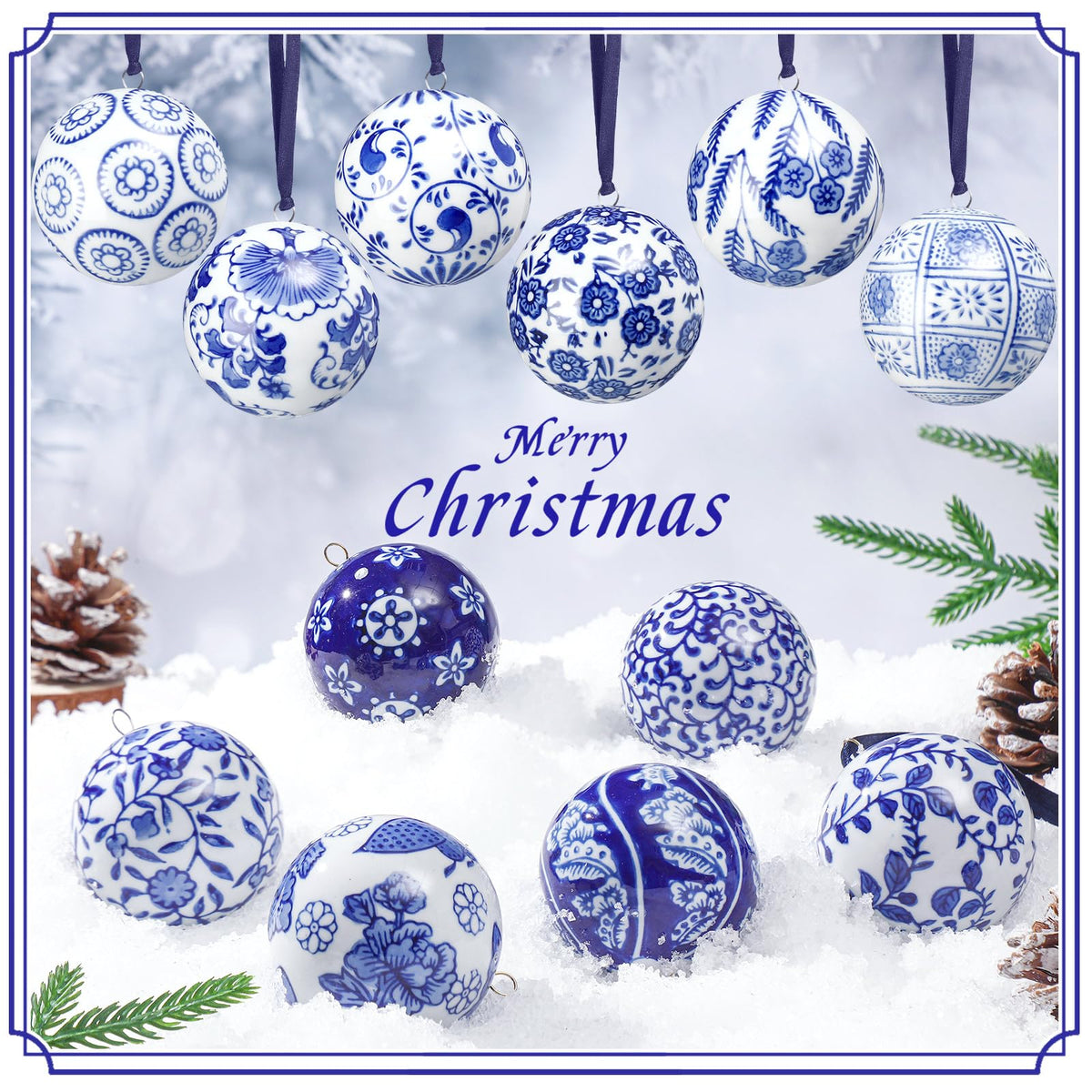Blue and White Porcelain Christmas Balls, Set of 6 or 12