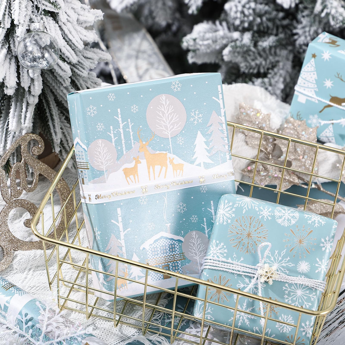 Christmas Wrapping Paper Rolls, Blue and Silver, 4 Rolls