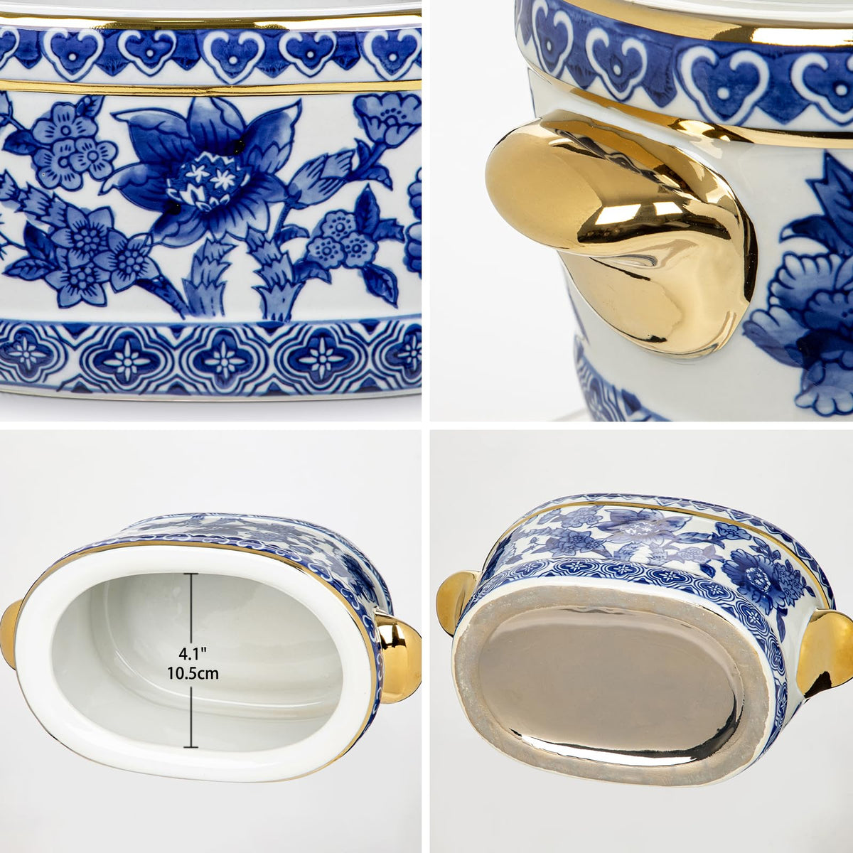 Blue Floral Oval Ceramic Cachepot, 10.6 in